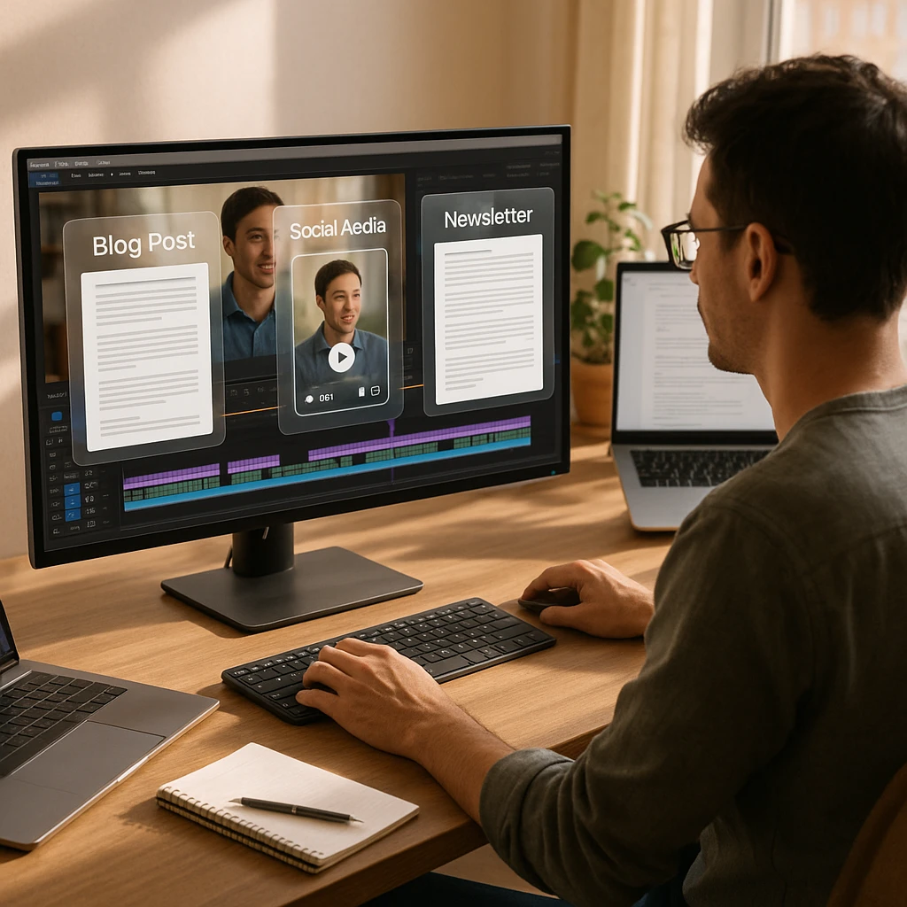 Content creator at modern desk repurposing video content into multiple formats