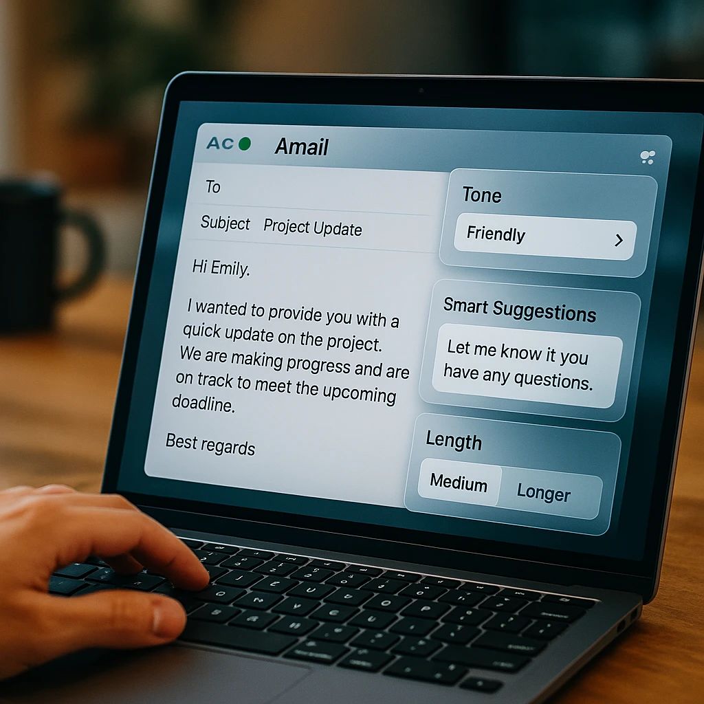 AI email writing interface showing composition tools, tone adjustment, and smart suggestions for professional email drafting