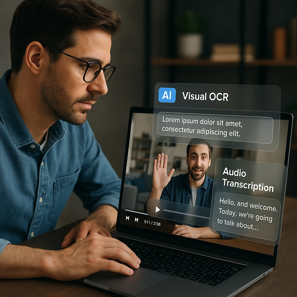 AI video watcher analyzing video content with visual OCR and audio transcription simultaneously