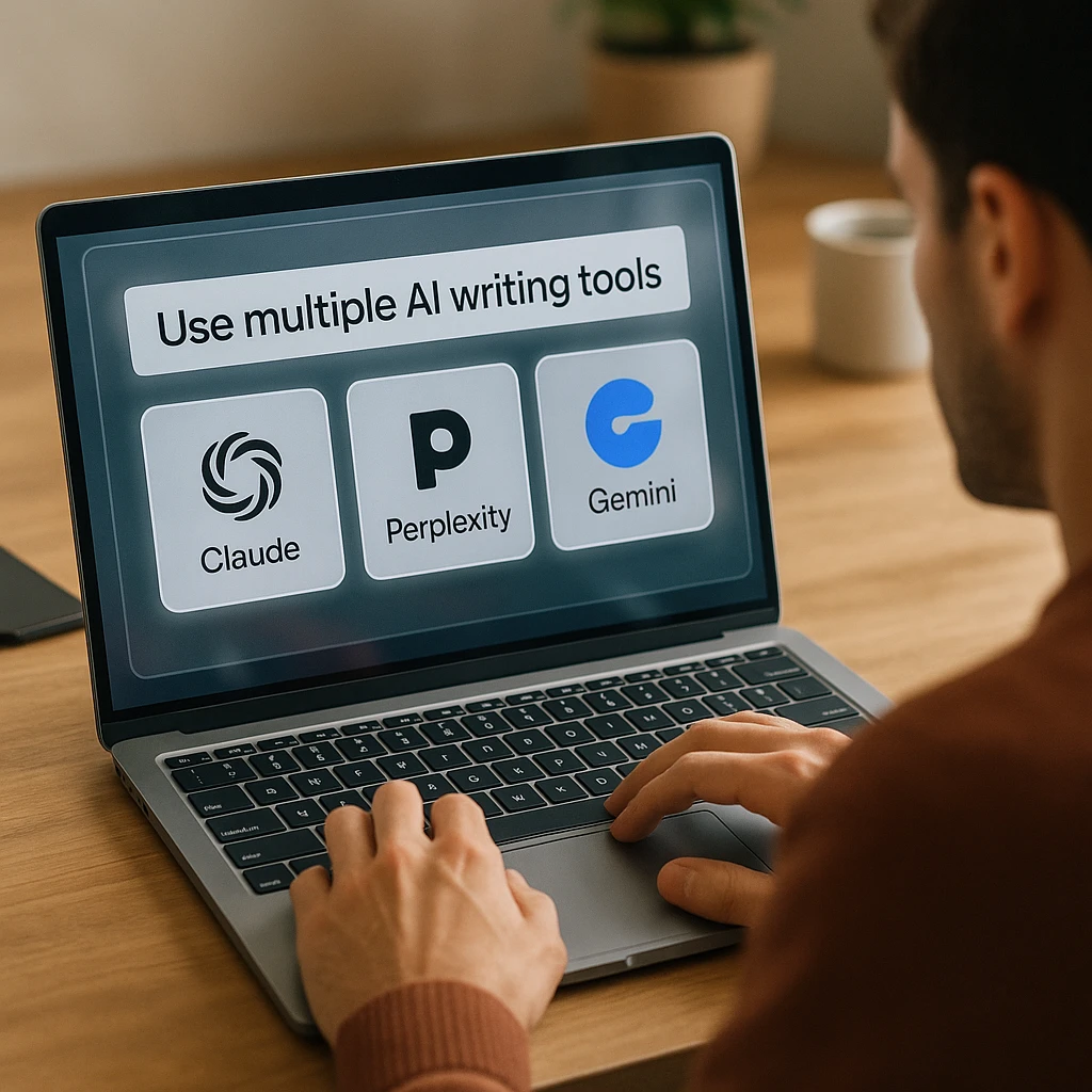 Person using multiple AI writing tools on laptop screen