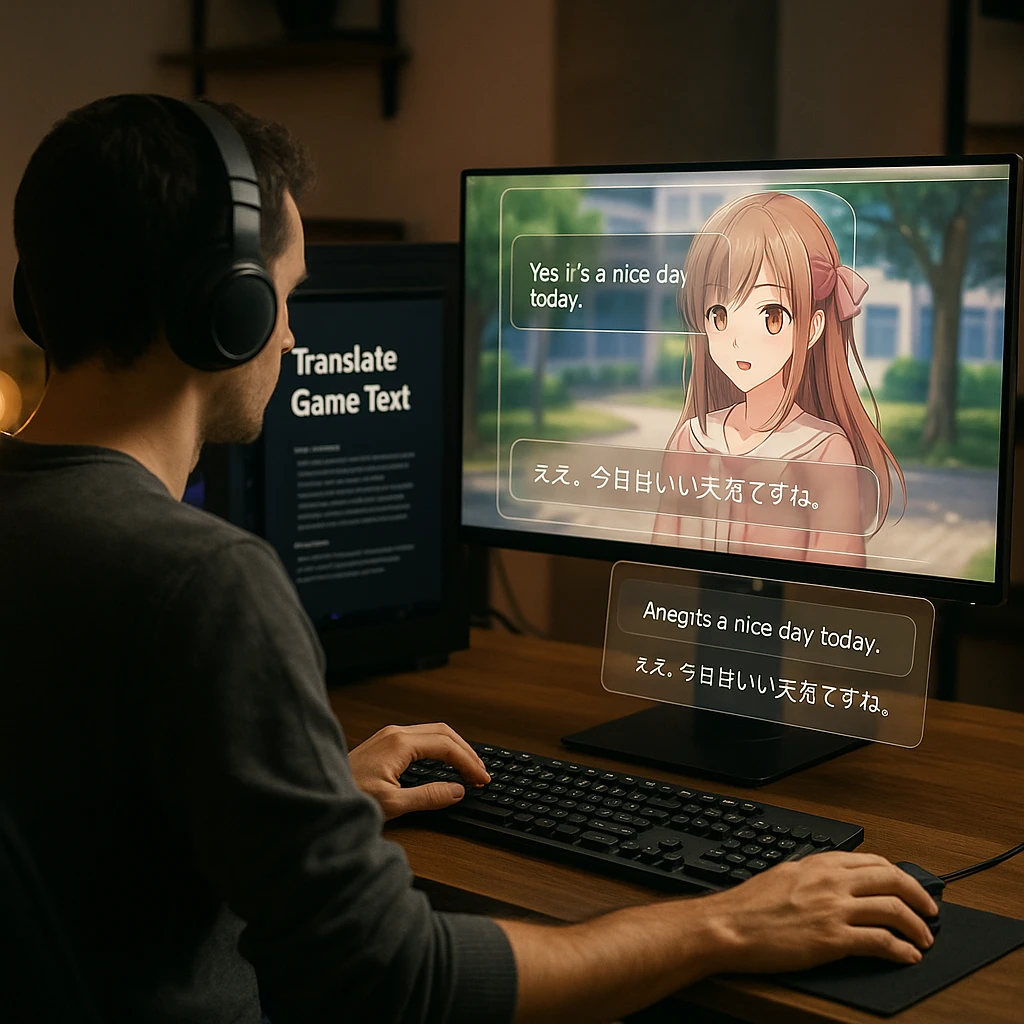 Person translating game text on dual monitor setup with Japanese visual novel and English translation overlay