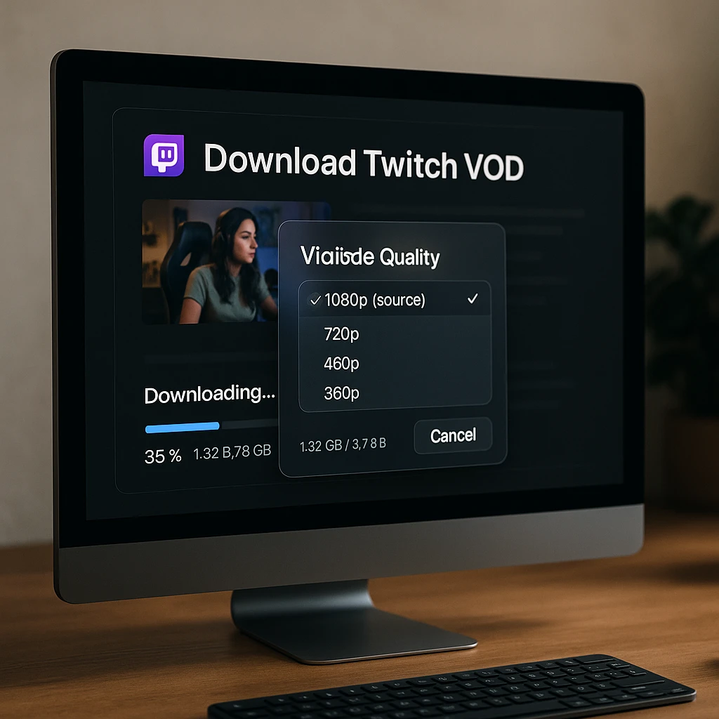 Modern Twitch VOD downloading interface showing video quality options and download progress