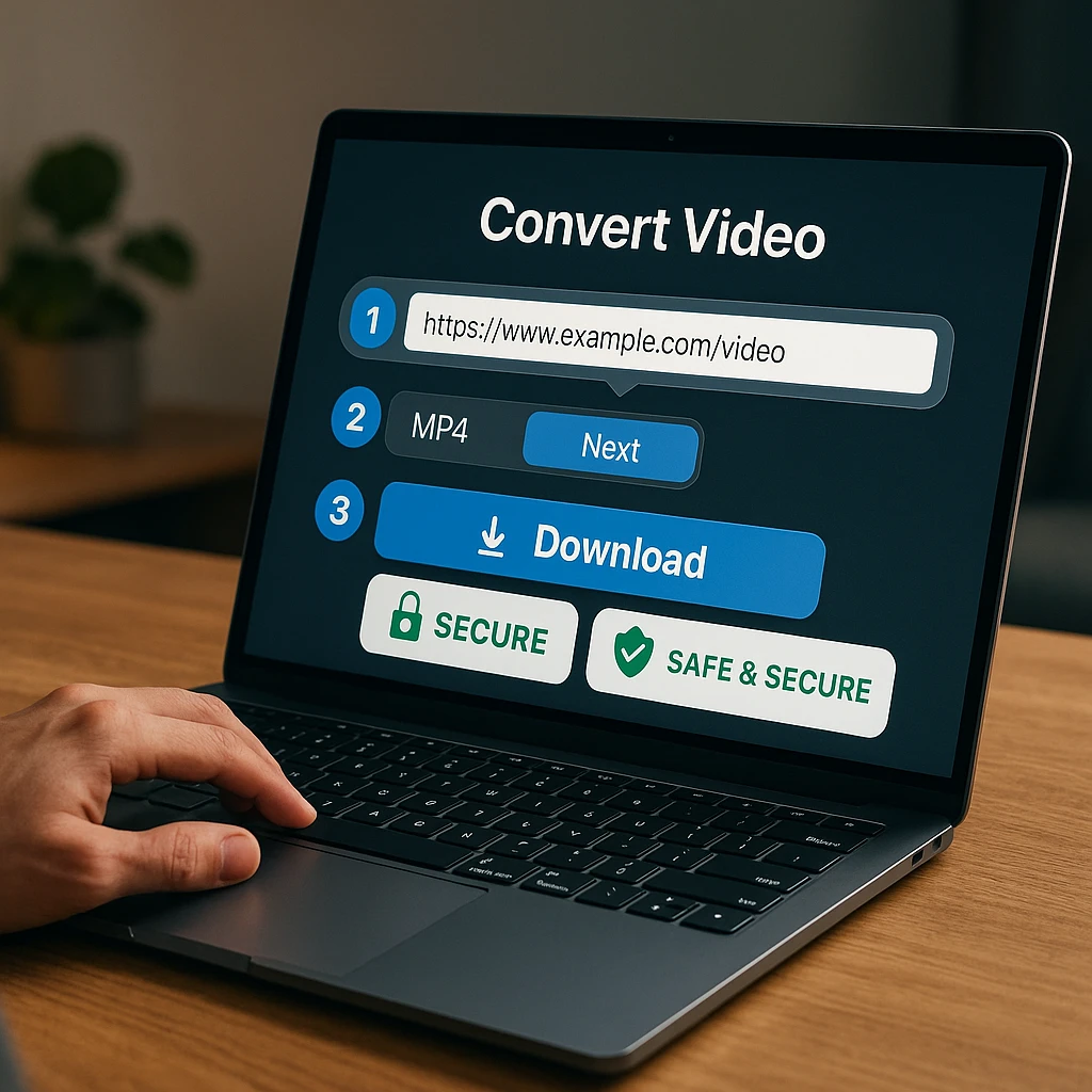 Modern digital workspace showing safe URL to MP4 video conversion process with clean interface and security indicators