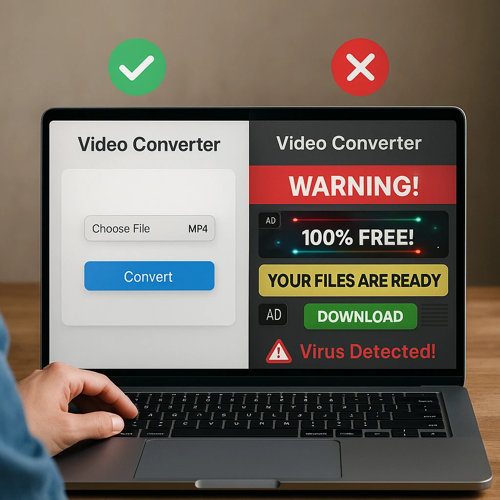 Comparison view of safe vs unsafe video converter websites showing clean interface versus cluttered ad-filled page with security warnings
