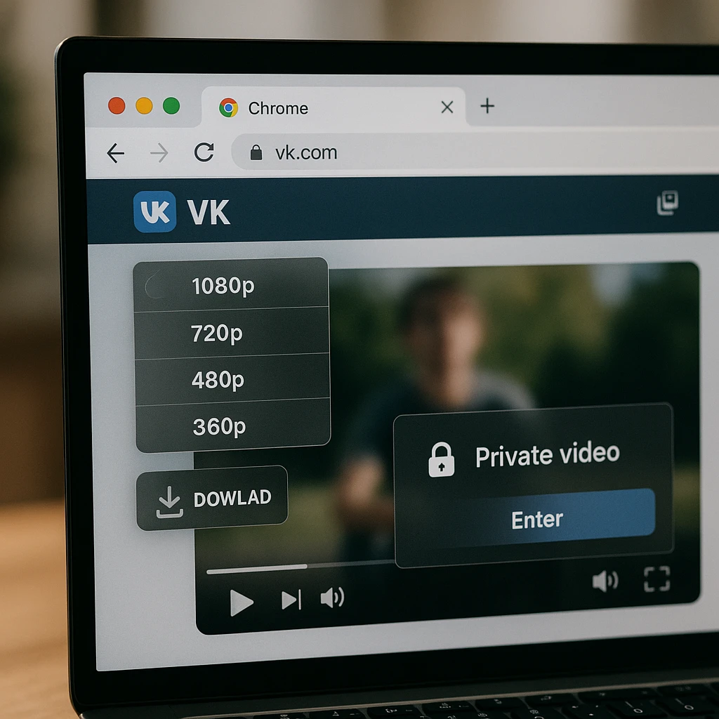 Chrome browser with VK downloader extension showing download button on video player