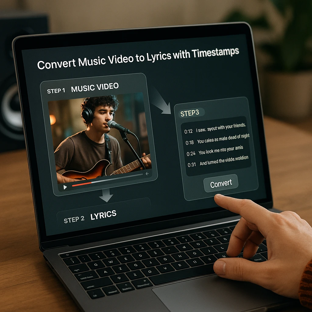 Step-by-step workflow showing music video being converted to lyrics with timestamps