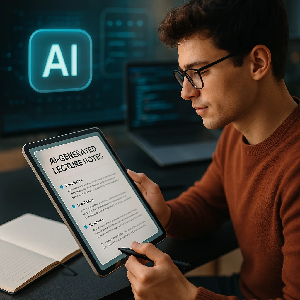 Student using a laptop with AI lecture recording app in a classroom