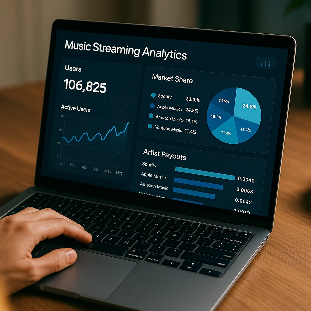Music streaming analytics dashboard showing user statistics, market share data, and artist payout comparisons