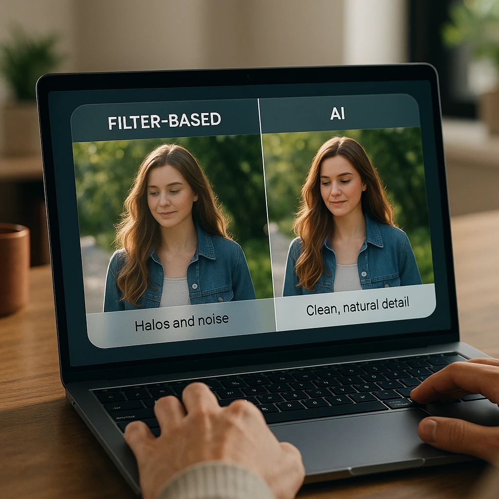 Traditional filter-based vs AI deep learning video enhancement comparison