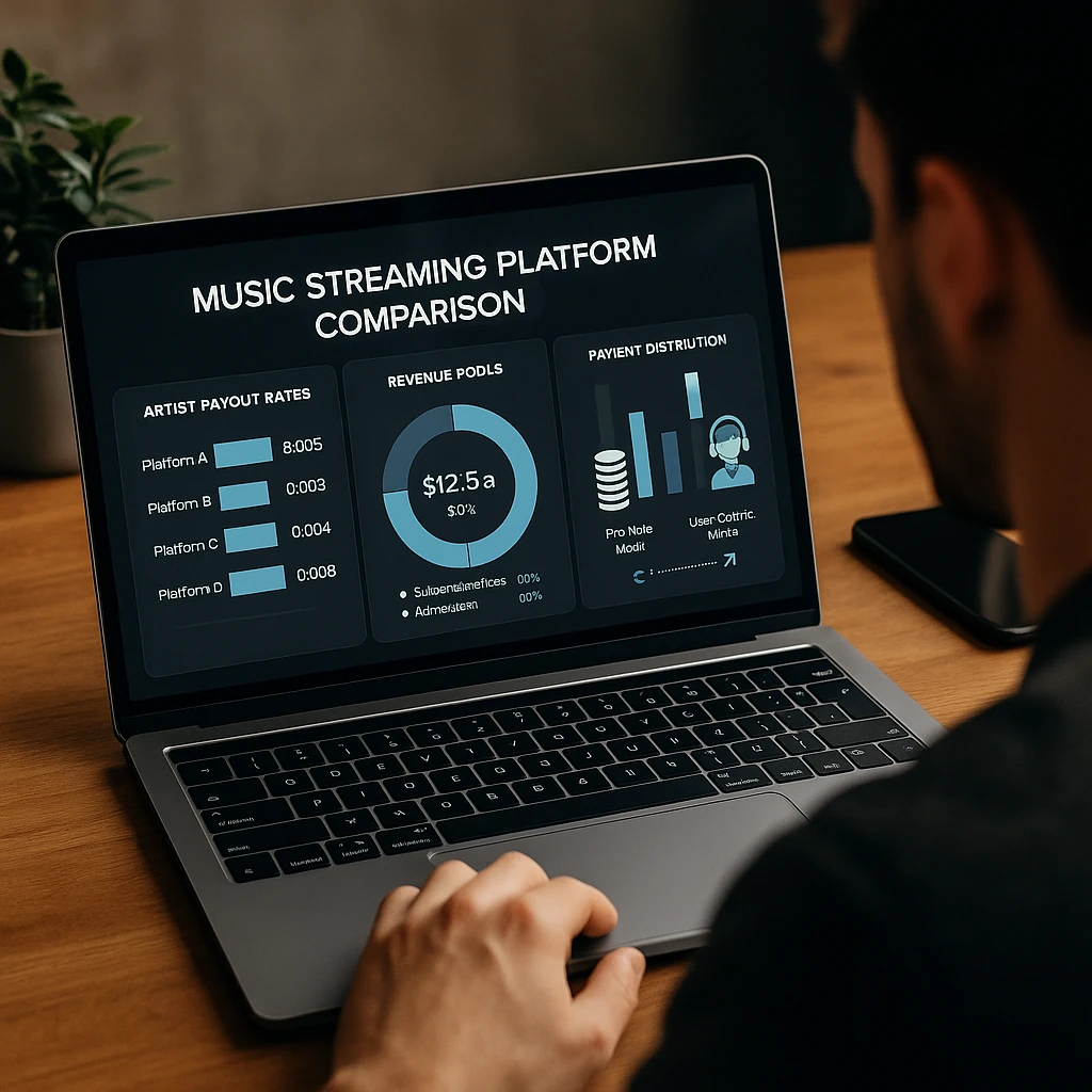 Music streaming platform comparison showing artist payout rates, revenue pools, and payment distribution models with financial data visualization